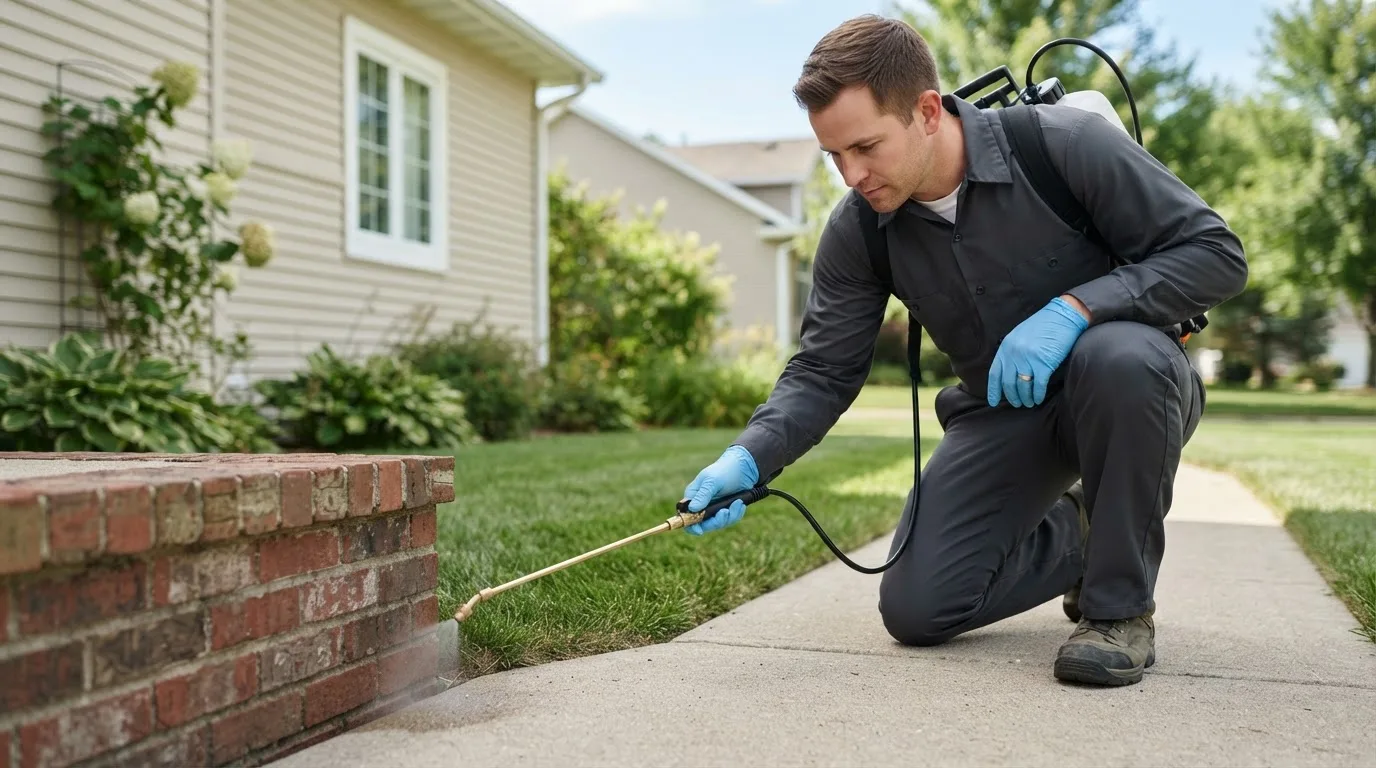 Pest control technician treating a home near Roseville, IL