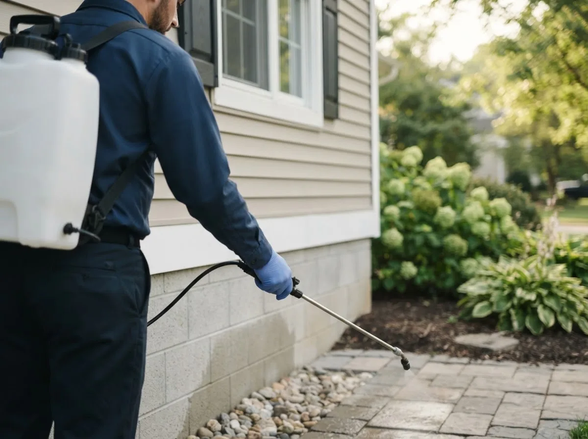Pest control technician inspecting a home in Roseville, IL